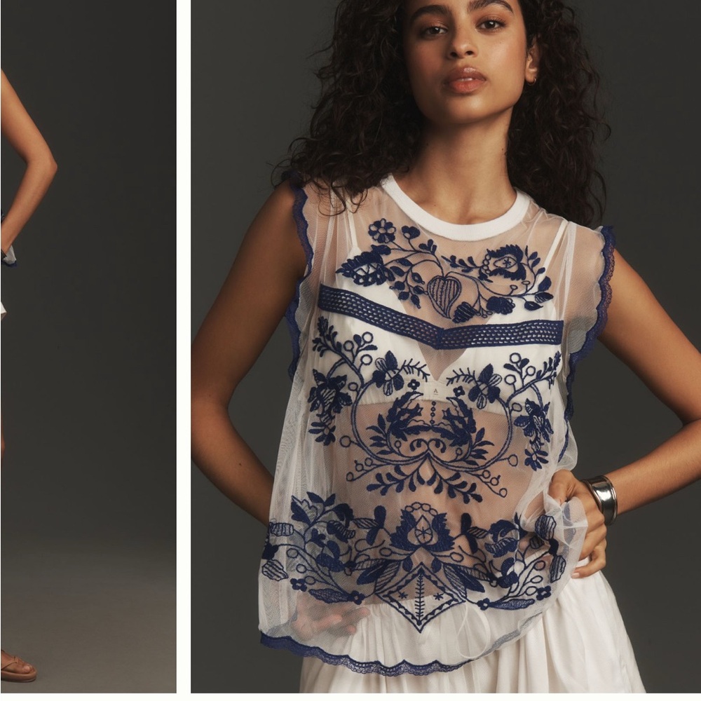 Anthropologie White and Blue Embroidered Top